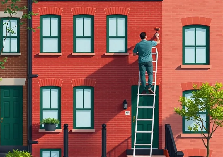 Peintre sur échafaudage traitant la façade d'une maison